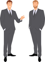 Two standing men wearing in business suits one of them gesturing with arm. Transparent background. Vector illustration