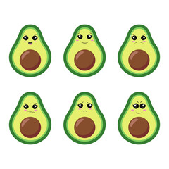 A set of vector illustrations of avocado with different emotions.