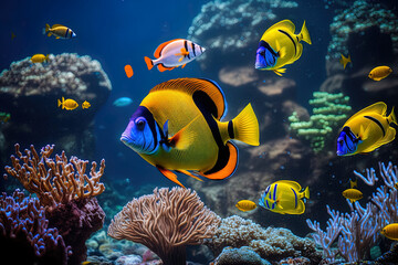 Fototapeta na wymiar Species of the coral reef ecosystem's undersea sea world ecology, including beautiful tropical fish. Generative AI