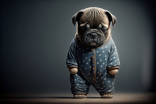 Portrait of a cute dog in cold winter wearing warm pijamas ai generative, with copy space, pet influencer