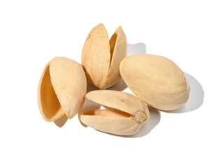 Empty shell of roasted pistachios on a white isolated background