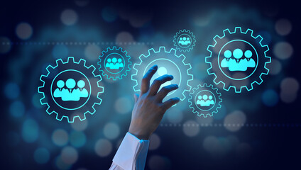 Employee and hand icons on blue background. Recruitment concept, team management, employee...