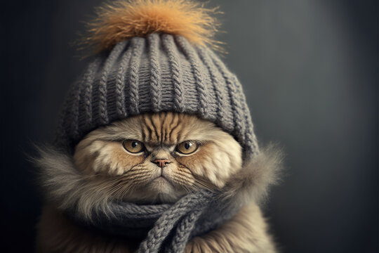 Potrait of a cute cat in cold winter wearing warm knitted hat ai generative, with copy space, pet influencer