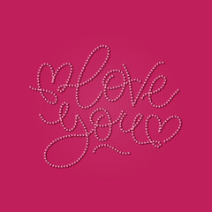 Vector lettering love you card magenta color. Love you words made of tine drawn hearts. Valentine's day greeting template.