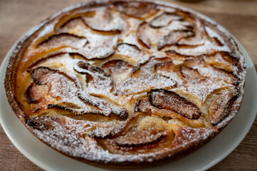 Tasty sweet French dessert, baked apple cake, Normandy region, France