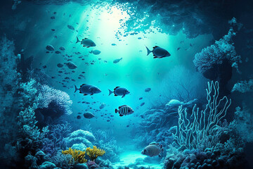 Naklejka na ściany i meble Blue sea wildness, the world's ocean, and stunning undersea. Generative AI