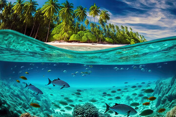 Fototapeta na wymiar Amazingly stunning tropical island with palm trees, underwater views of sharks, fish, and other creatures in the ocean, and a summer vacation theme with a tropical destination. undersea. Generative AI