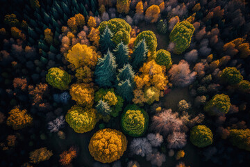 Fototapeta na wymiar aerial picture of a woodland in autumn. Generative AI