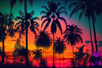 Naklejka na ściany i meble Sunset palm neon forest jungle surreal woodland gorgeous neon dream landscape. Generative AI