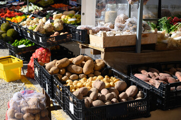 Farmers market with seasonal local vegetables and fruits in small Portuguese village near Sintra