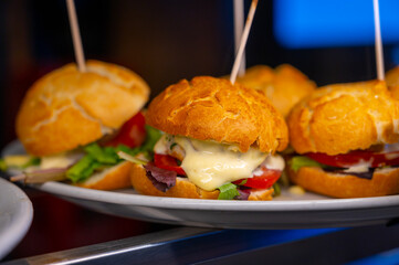 Typical mini burger snack of Basque Country, pinchos or pinxtos, small piece of bread with different toppings, served in bar in San-Sebastian or Bilbao, Spain