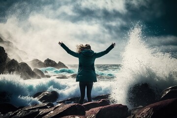 Obraz premium Woman with outstretched arms enjoying the wind and breathing fresh air on the rocky beach
