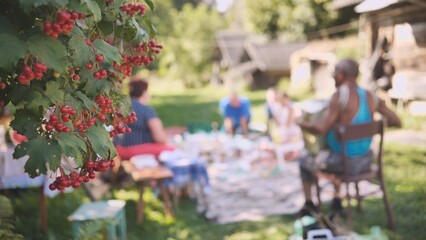 A family picnic of adults in the countryside against the backdrop of a red berry tree.