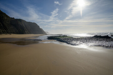 Magoito Beach, beautiful sandy beach on Sintra coast, Lisbon district, Portugal, part of...