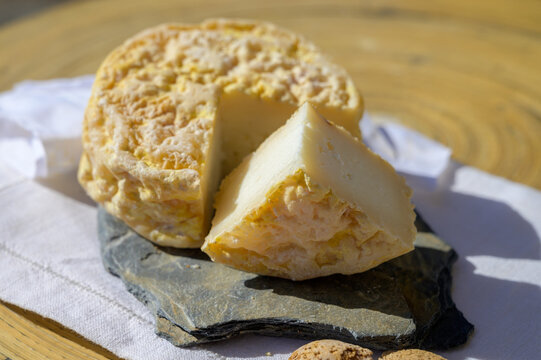 Tasting of local portuguese matured cheese queijo serpa,  Setubal area, Portugal