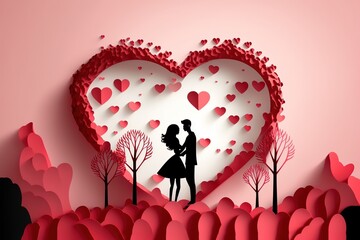 Plakat paper cut style Cute couple in love hugging with many hearts floating. Pink, white, red, pastel