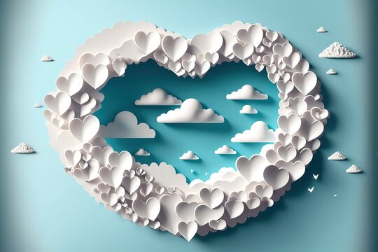 Paper cut hearts with white clouds stock illustration Valentine's Day - Holiday, Valentine Card, Heart Shape, Frame - Border, Love - Emotion