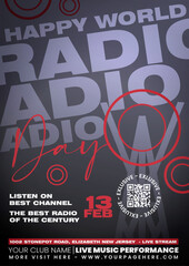 Fototapeta na wymiar Happy Radio Day Poster designed in black colors with radio station on the background in A4 format December 31, 2022