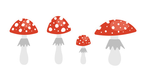 Amanita set. Red toxic mushrooms. Flat, cartoon, vector