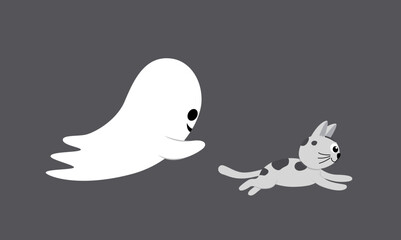 Ghost is frightening cat. Cat is running from ghost. Halloween. Cartoon, flat, vector