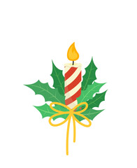 Christmas burning candle in holly leaves. Ilex. Candle. Flat, cartoon, vector