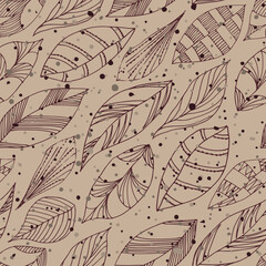 Late autumn seamless pattern. Dirty leaves. First snow. Doodle, vector