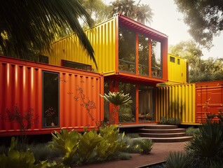 illustration of  close to nature exterior theme of sustainability and recycle, container boxes remake as restaurant, office or house, modern and Contemporary design