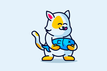 Cute fat cat is carrying a big fish