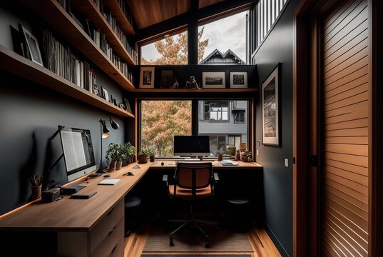 illustration of small house interior design, office area use double-duty furniture in limit space, contemporary design close to nature concept