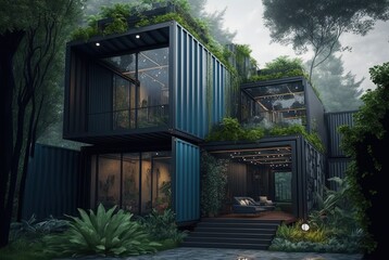 illustration of  close to nature exterior theme of sustainability and recycle, container boxes remake as restaurant, office or house, modern and Contemporary design