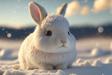 illustration of cute white fur rabbit with nature background in winter season 