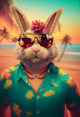 Bunny wearing a hawaii shirt and sunglasses on the beach - obrazy, fototapety, plakaty