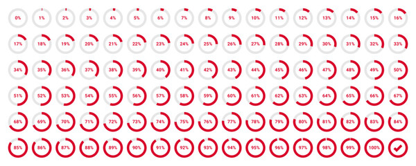 Set of circle percentage diagrams from 0 to 100. Can be used for web design, UI or infographic, vector illustration - obrazy, fototapety, plakaty