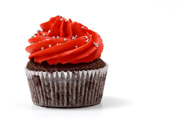 creamy cupcake in shades of red on white background
