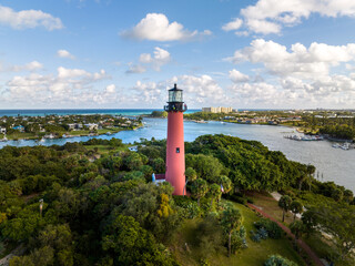 Aerial center view of Jupiter Inlet lighthouse, located on the Florida East Coast. December 2022