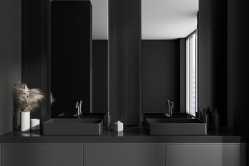Grey bathroom interior with washbasins and mirror, accessories and window