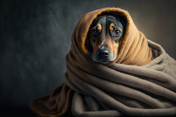 Portrait of a cute dog freezing cold under a cozy blanket, ai generative technology, with copy space