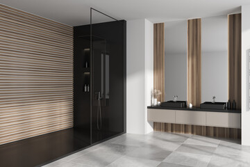 Stylish light bathroom interior with douche and washbasins, accessories