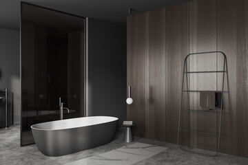 Naklejka na ściany i meble Grey bathroom interior with tub and rail ladder on grey concrete floor