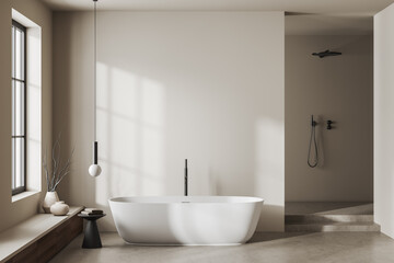 Naklejka na ściany i meble Front view on bright bathroom interior with large bathtub, shower