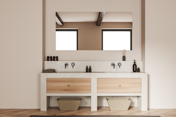 Light bathroom interior with double sink and accessories, window