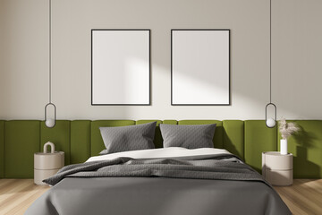Light bedroom interior with bed and nightstand with decor. Mockup frames