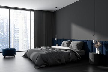 Corner view on dark bedroom interior with bed, bedsides, cupboard