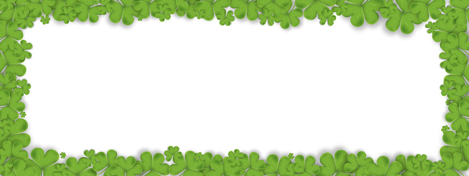 Irish shamrock leaves template on white background.Frame Green Irish symbol Good Luck.Clover pattern for Saint Patrick's Day holiday greeting card ,Discount,Promotion,Special Offer backdrop
