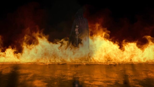 Dark Figure with Sword in Reflective Blaze 4K features a dark figure holding a broadsword appearing in a puff of smoke and a blazing fire erupting on a reflective surface in a loop.