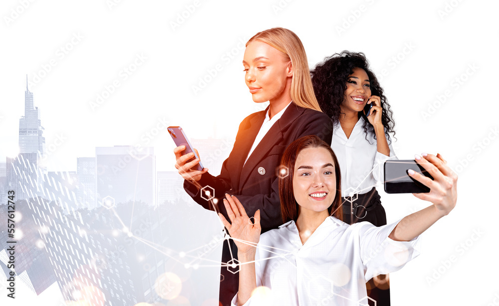 Poster Businesswomen work together having online conference call about