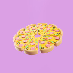 Full pizza in slices on purple background