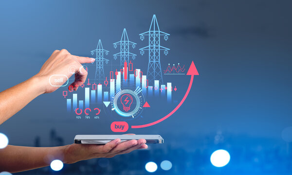 Businesswoman holding smartphone with hologram of power lines