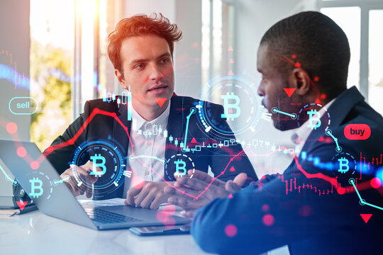 Business people with laptop, cryptocurrency analysis and bitcoin crisis