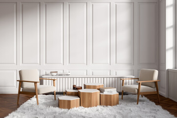 Front view on bright living room interior with armchairs, sideboard